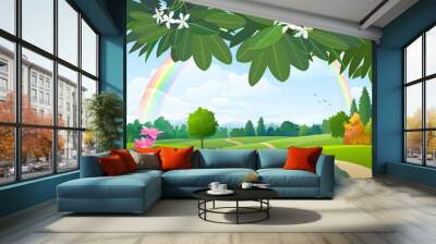 Green landscape of meadows, trees, forest, mountain, hills and leaves. Wall mural