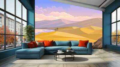 Panoramic view of a desert with an oasis in the middle of the sand dunes. Wall mural