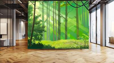 Rays of light penetrating through the jungle. Flora flouring amid big green trees. Wall mural