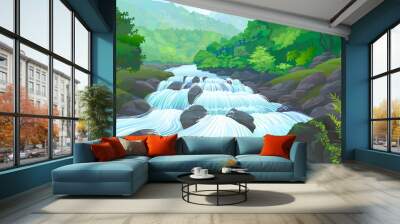 River flowing over immovable boulders and creepers creeping on the rocks Wall mural