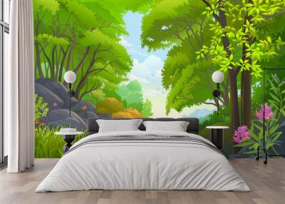 Spring time in a beautiful rain forest with flowers, butterflies,and rocks Wall mural