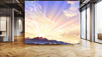 The sun setting behind the mountains and emitting radiant rays of light. Wall mural