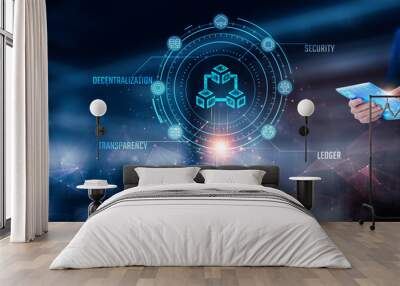 Blockchain Technology: Businessman using tablet analyzing blockchain technology record on tablet. Digital security and network connection on modern virtual screen interface, technology and network. Wall mural