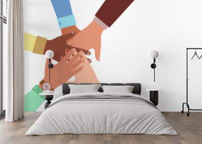 Hands of diverse group of people putting together. Concept of cooperation, unity, togetherness, partnership, agreement, teamwork, social community or movement. Flat style. Vector illustration. Wall mural