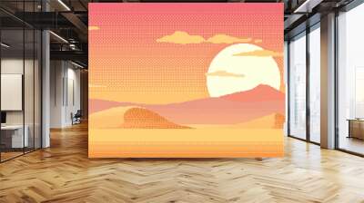 Pixel art desert landscape. 8-bit video game arcade level with sand mountains and sunset. Retro pixel game cartoon landscape of Egypt or Sahara sands and sun. Vector seamless background. Wall mural