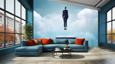 A Businesswoman Floating Above a Platform in the Middle of  an Ocean Generative AI Wall mural