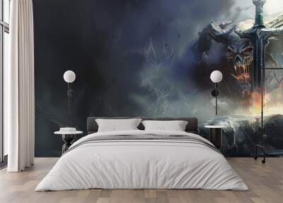 A Demon Head Guarding a Sword in a Stone Isolated on a Smoky Background Fantasy RPG Art Banner Wall mural