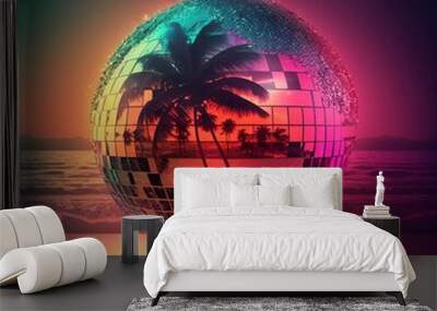 A Disco Ball on a Beach Reflecting Palm Trees with Neon Lighting Generative AI Wall mural