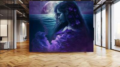 A Dramatic Illustration of a Girl in Profile Superimposed on a Purple Ocean Wall mural