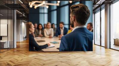 A man in a blue suit stands before a seated team, leading a business presentation in a modern office with stylish lighting.
 Wall mural