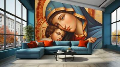 A vintage Painting of the Virgin Mary Holding Baby Jesus With Halos Around Their Heads Wall mural