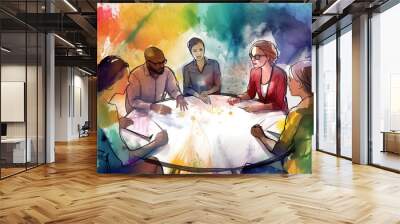 A Watercolor Painting of a Diverse Group of People Sitting in a Circle Wall mural