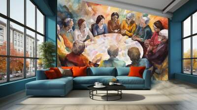 A Watercolor Painting of a Diverse Group of People Sitting in a Circle Wall mural