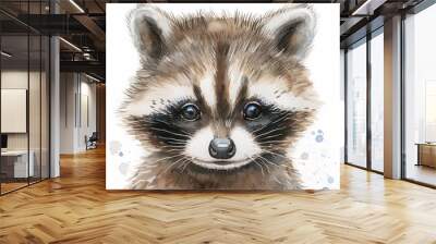 A Watercolor Painting Portrait of a Baby Raccoon Isolated on a White Background Wall mural