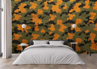 Army camo fabric texture in green and orange. Classic military pattern for uniforms, paintball gear, and tactical wear. Wall mural