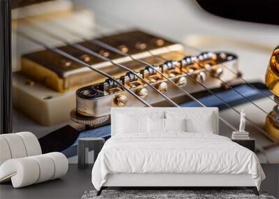 A very close view of an electric rock guitar body, strings and pickups Wall mural