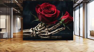 Eerie and striking image of a skeleton hand holding red roses, contrasting themes of life and death with dark, dramatic tones.
 Wall mural