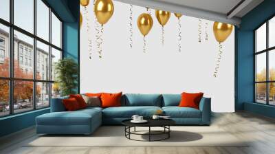 Flying gold party balloons with ribbon on white background, perfect decoration for birthday celebrations and holidays Wall mural