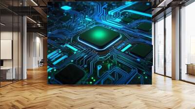 Glowing circuit board pattern texture, with intricate lines and bright blue and green neon highlights. Wall mural