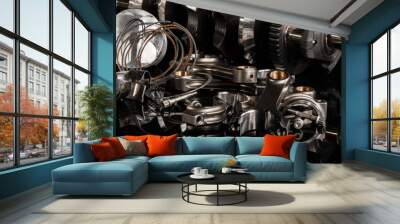 high performance racing motorcycle engine parts on a black reflective background Wall mural