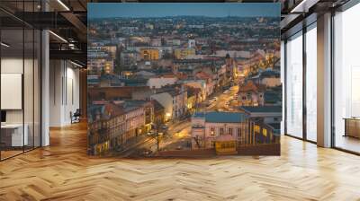 illuminated night city landscape at night with a view of urban architecture, streets, construction, driving cars aerial view Wall mural