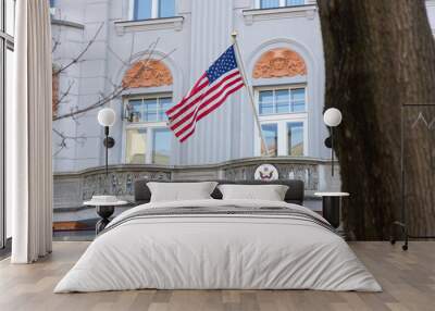 Bratislava, Slovakia. March 8 2017. United States flag hung at the balcony of US Embassy in Bratislava, Slovakia. Wall mural