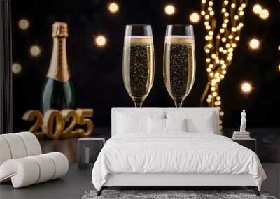 New Year 2025 celebration with a bottle and two champagne flutes, isolated on a dark background with sparkling bokeh lights Wall mural