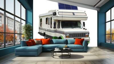 The solar panel is mounted on a caravan. On a white background. Wall mural