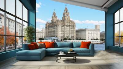 Panorama of iconic Liverpool Pier Head skyline featuring the Three Graces, the Royal Liver Building, the Cunard Building and the Port of Liverpool Building Wall mural