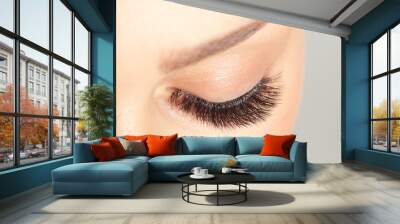 Close up shot of closed eye with long eyelashes. Eyelash Extension. Beautiful Lashes macro. Wall mural