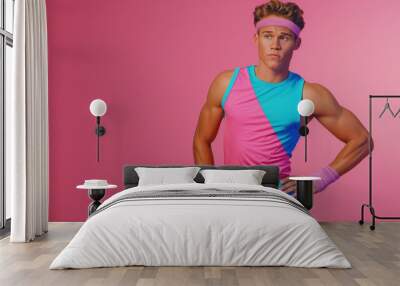 Retro 1980s Style Female Aerobics Model Wearing Bright Colorful Fitness Clothing With Copy Space Wall mural