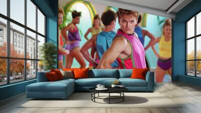 Retro 1980s Style Male Aerobics Instructor Wearing Bright Colorful Fitness Clothing With Copy Space Wall mural