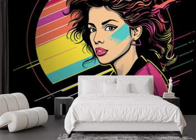 Retro 80s Glamour Portrait Art of a Young Woman Wall mural