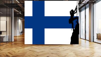 Silhouette of a Woman Climbing a Mountain on a Finnish Flag Wall mural