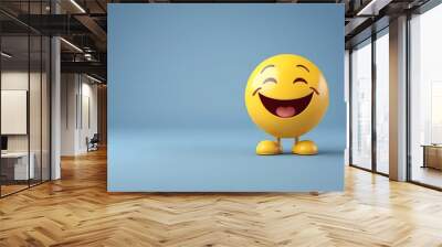 Smiley face on a blue background with copy space for text. Joyful yellow ball emoticon representing happiness and smiling expression. Wall mural