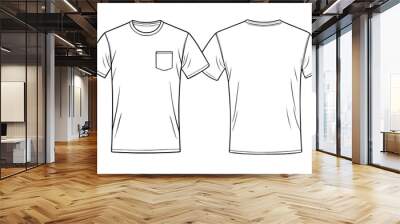 T shirt with pocket design template, front and back view. Blank T Shirt for mockup, vector illustration. Wall mural