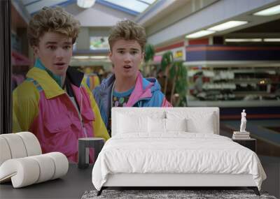 Teen Boys Standing in a Shopping Mall Wearing 1980s Fashion Wall mural