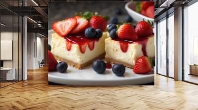 Two delicious cheesecake slices topped with fresh strawberries and blueberries, perfect for dessert or special occasions.
 Wall mural