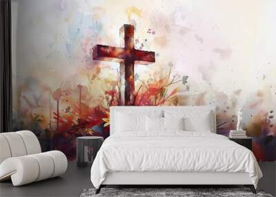 Watercolor Painting of an Isolated Cross in a Flower Meadow Wall mural