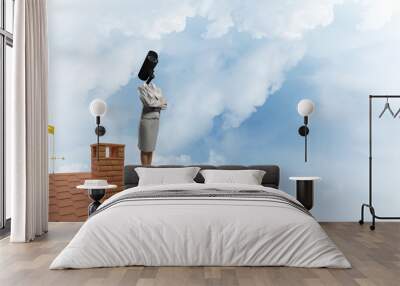 Concept of security and privacy protection with camera headed woman Wall mural