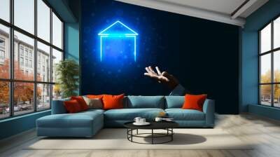 Conceptual image with hand pointing at house or main page icon o Wall mural