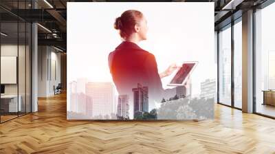 Double exposure concept with woman and cityscape Wall mural