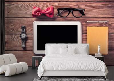 Hipster set on wooden table Wall mural