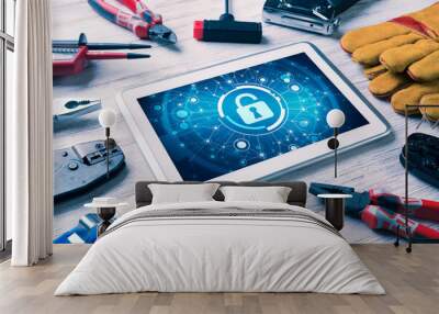 Web security and technology concept with tablet pc on wooden tab Wall mural