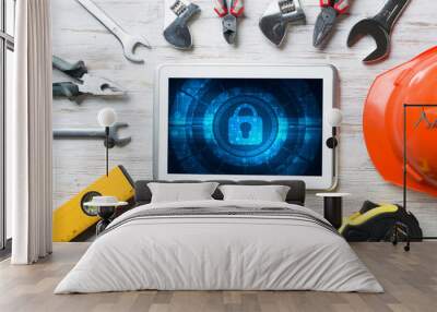 Web security and technology concept with tablet pc on wooden table Wall mural