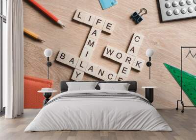 words work life balance and family on table collected with wooden cubes Wall mural