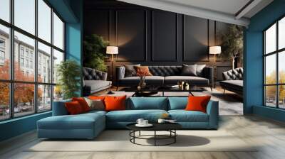 Distinct living room dark interior with luxury gray sofa., indoor design Wall mural