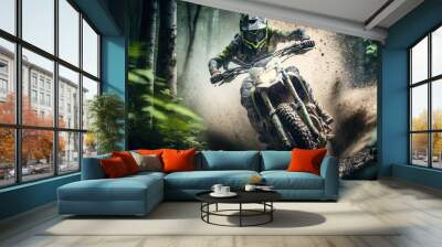 Extreme motocross in the forest dynamic concept art, motorcycle sport illustration, generative ai Wall mural