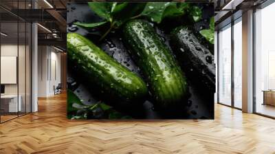 Fresh wet cucumbers, tasty juicy vegetable closeup organic cucumber background Wall mural