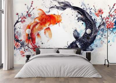 Koi carp ying yang fish with flower and waves asian concept art Wall mural